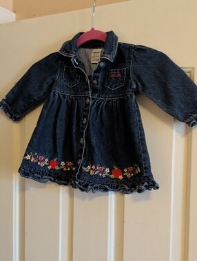 OshKosh B'gosh Dark Blue Denim Dress Red Apple Embroidery